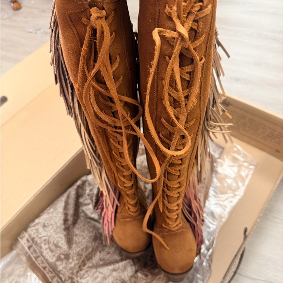 Junk Gypsy Fringe Suede Knee-High Boots - Brown and Pink - Picture 12 of 14